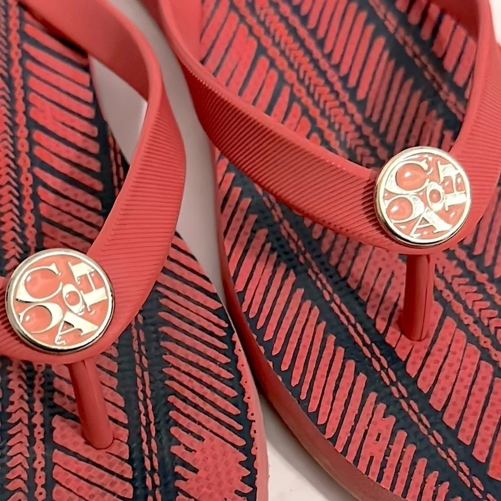 Coach Red Flip Flops with Gold Accents